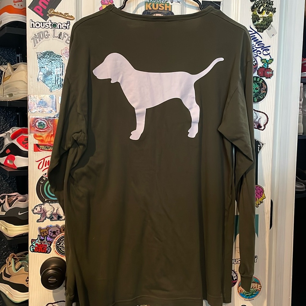 PINK olive long sleeve shirt.